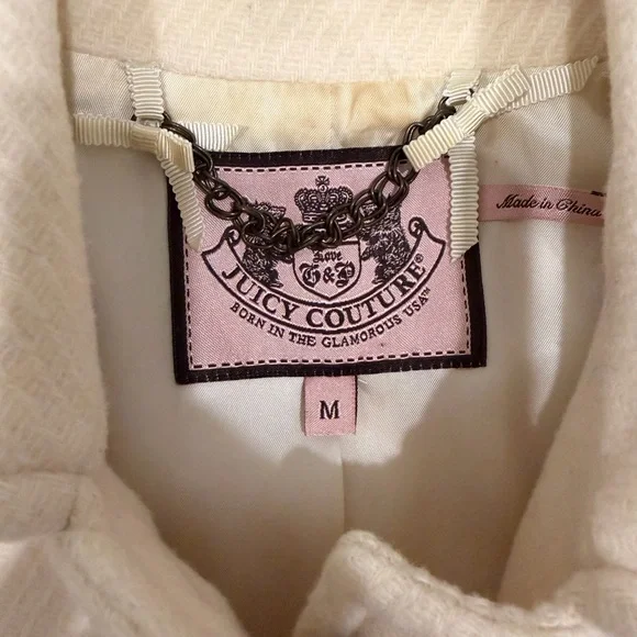 Juicy Couture Wool Blend Coat Size Medium Ivory Belted Button Front Classic - Picture 2 of 2